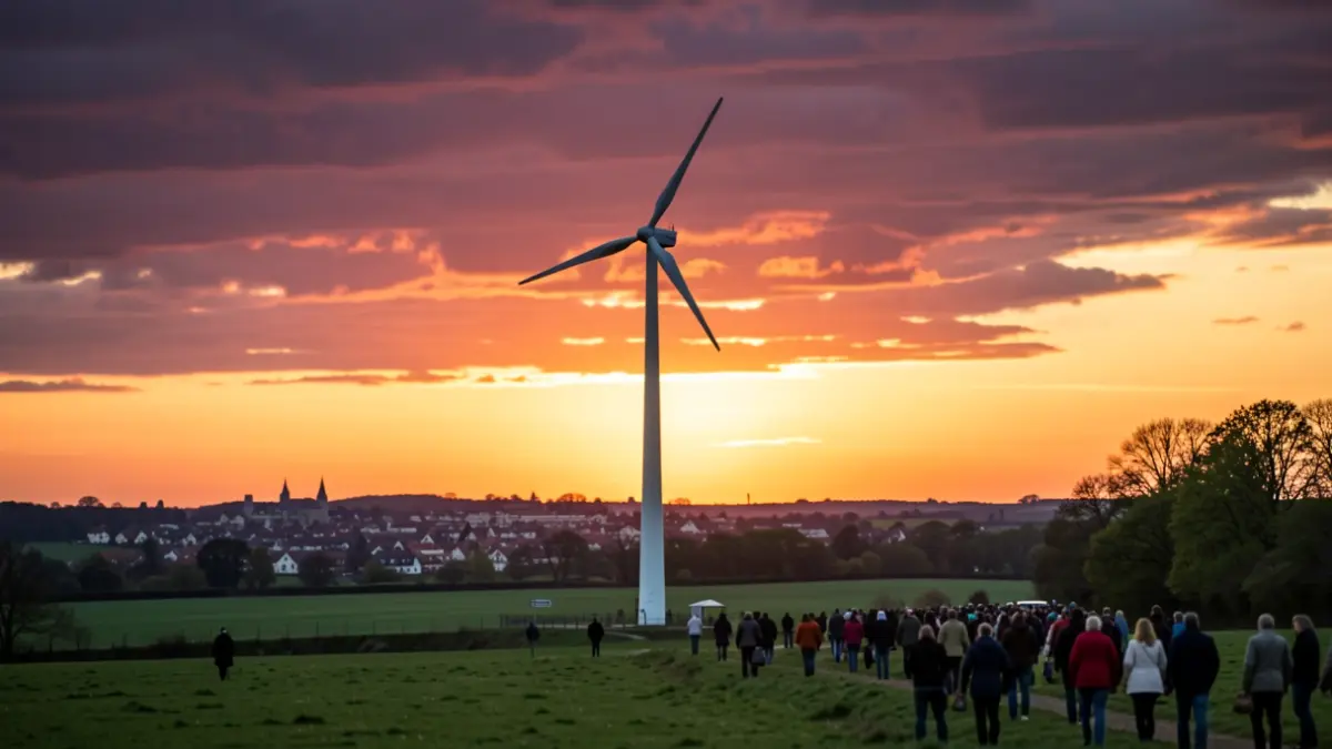 Aerogenerador en silueta contra un cielo de atardecer sobre un paisaje verde del País Vasco, con un pueblo borroso a lo lejos.