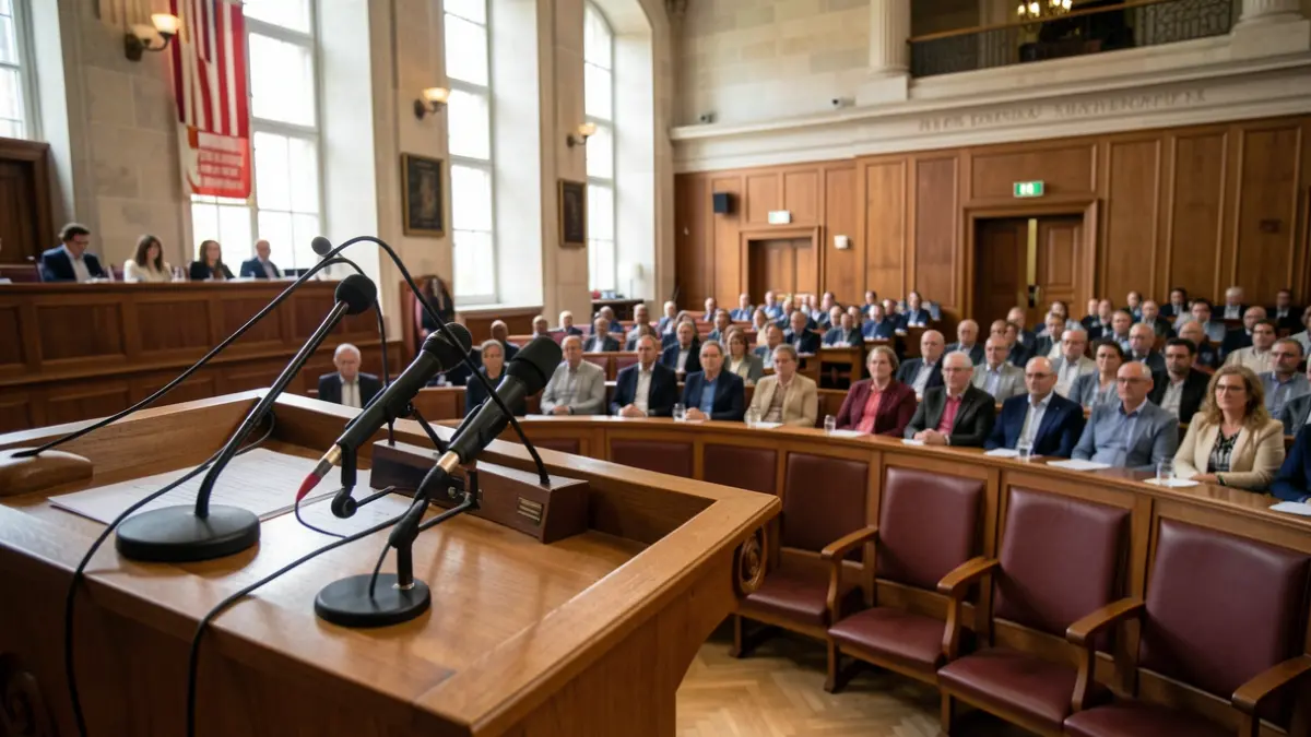 Eusko Legebiltzarreko areto hutsaren irudia, mikroak eta eserlekuak.