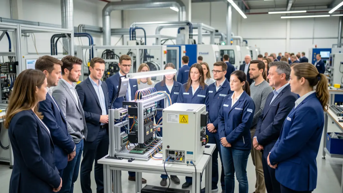 Image of teachers observing advanced industrial machinery in a workshop.