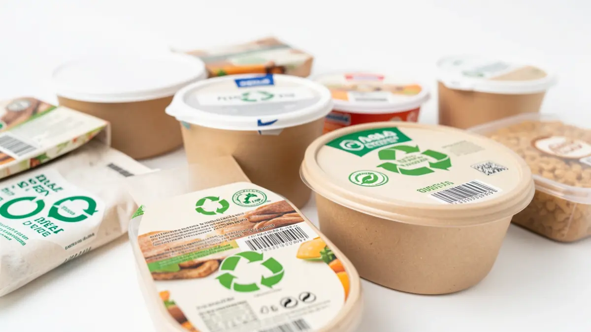 Generic image: close-up of food packaging and recycling symbols.
