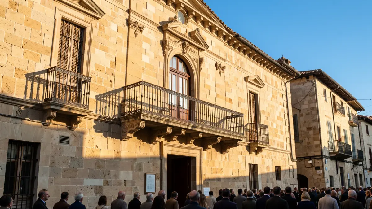 Generic image of a stone town hall facade in Galdakao with an ornate balcony and iron railings, warm afternoon sunlight casting shadows on the sandstone walls, blue sky.