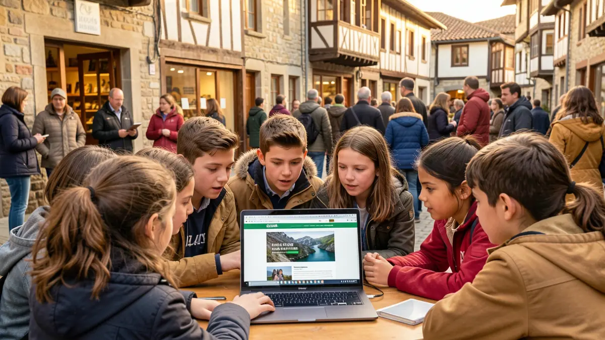 Students from an educational center and local shopkeepers collaborate creating a website, with traditional Basque architecture in the background.