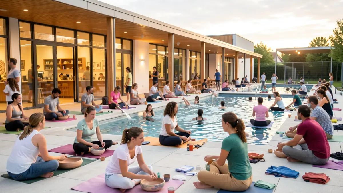 Imagen genérica: personas participando en actividades como yoga, cerámica y natación, con instalaciones de centro comunitario moderno de fondo.