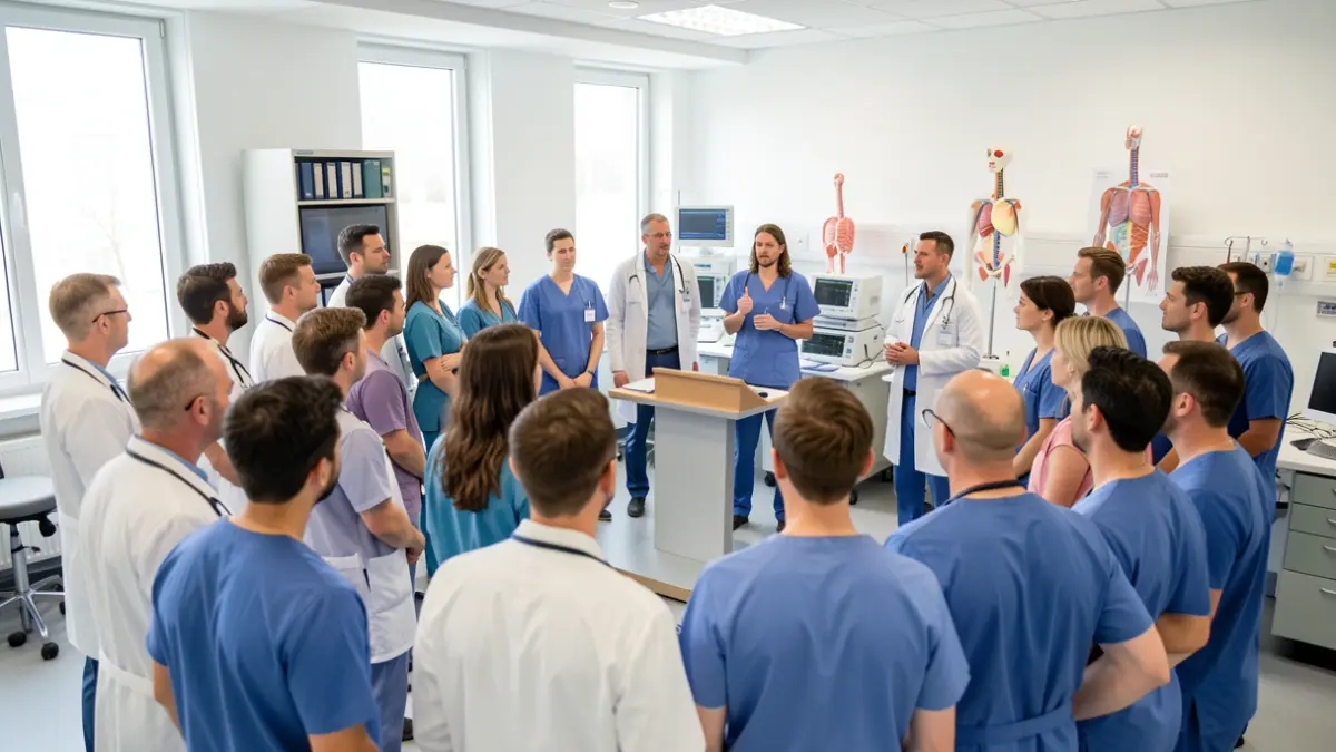 Generic image: A diverse group of medical professionals gathered in a modern hospital training room, attentively listening to a speaker at a podium.