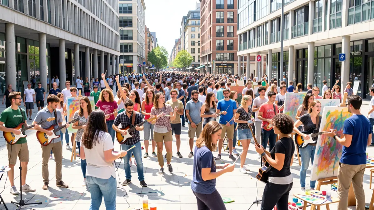 Gazte talde bat hainbat jardueratan parte hartzen ari da, Vitoria-Gasteizko arkitektura modernoaren aurrean.