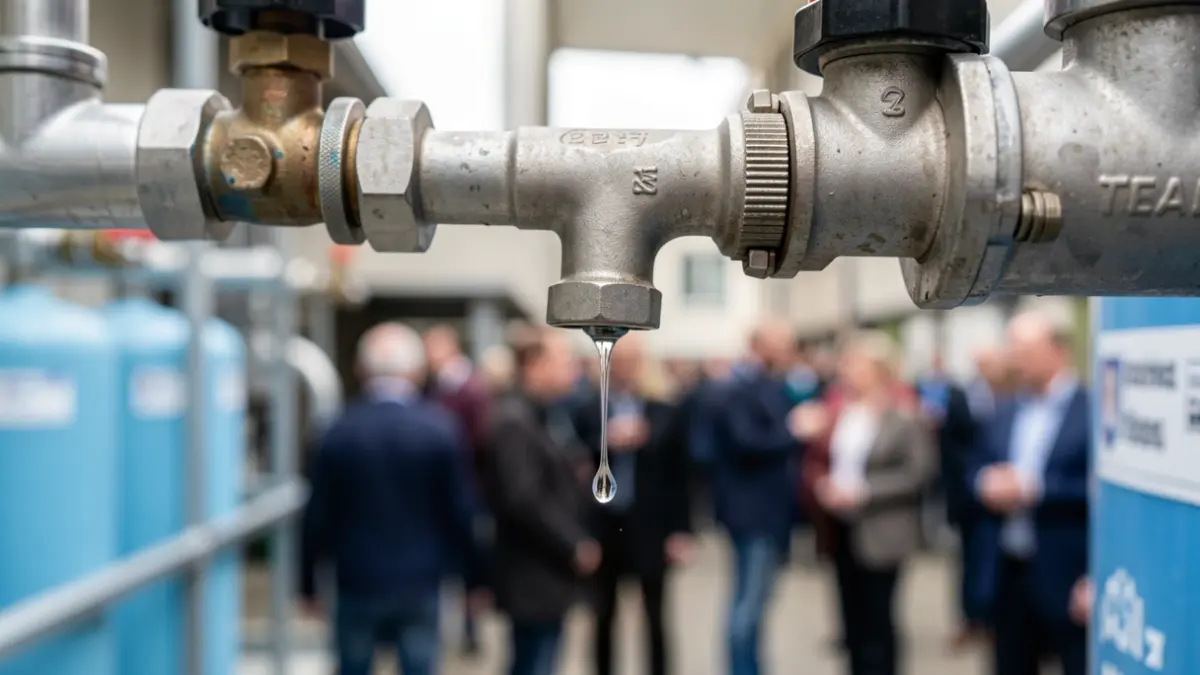 Symbol of the water's journey: a single drop of water falling from a tap, with pipes and water treatment equipment blurred in the background.
