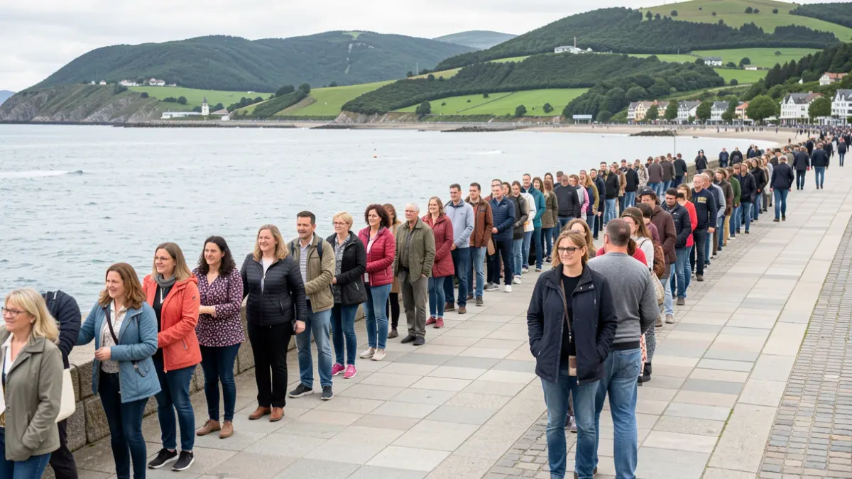 Un grupo diverso de personas formando una cadena humana a lo largo de un pintoresco paseo marítimo en Euskadi, con el mar y las colinas verdes al fondo.