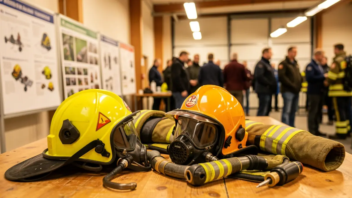 Firefighter training equipment on a table.
