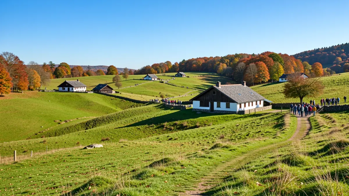Colorful landscape of Gorbeia Natural Park in autumn, featuring traditional farmhouses and a distant path.