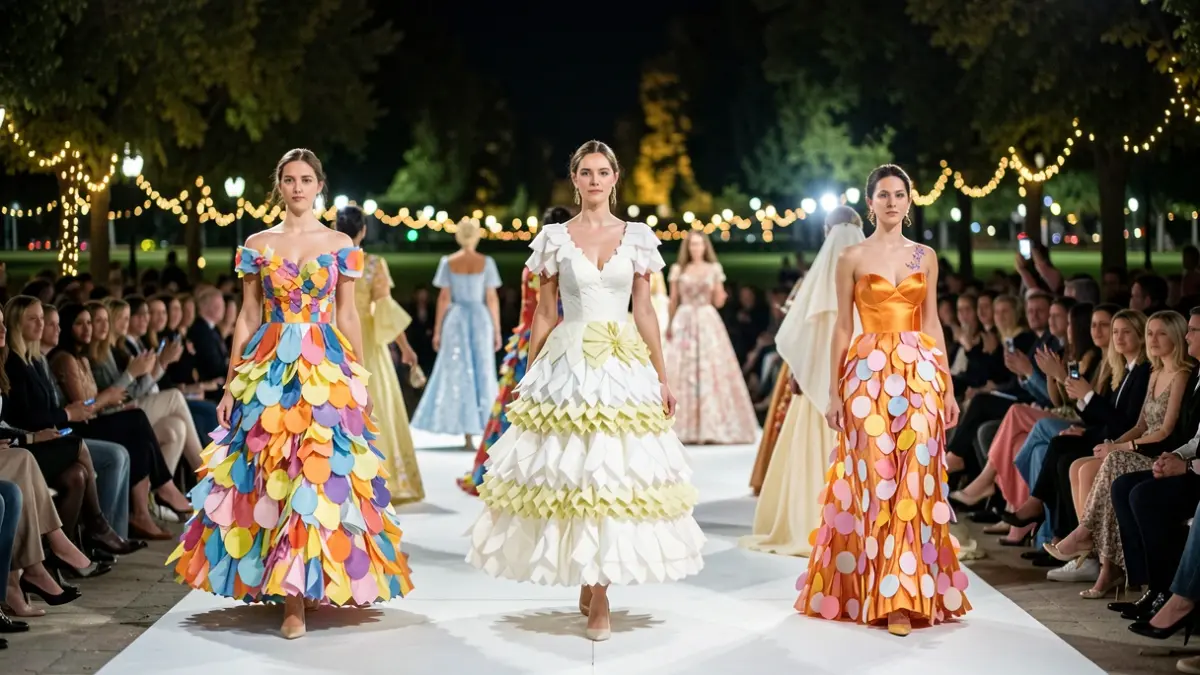 A paper dress fashion show at night, set in a park-like environment with ambient lighting.