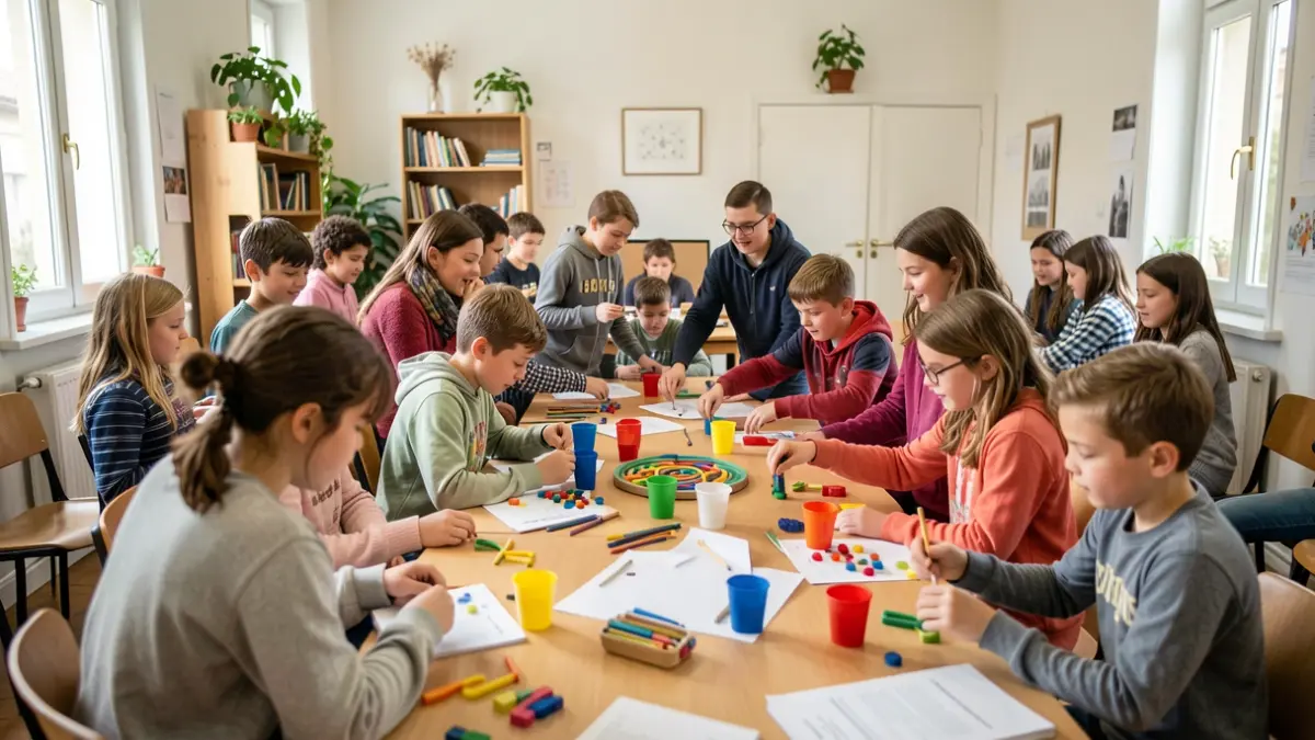 Group of children and teenagers participating in Basque language games and activities, pleasant learning atmosphere.