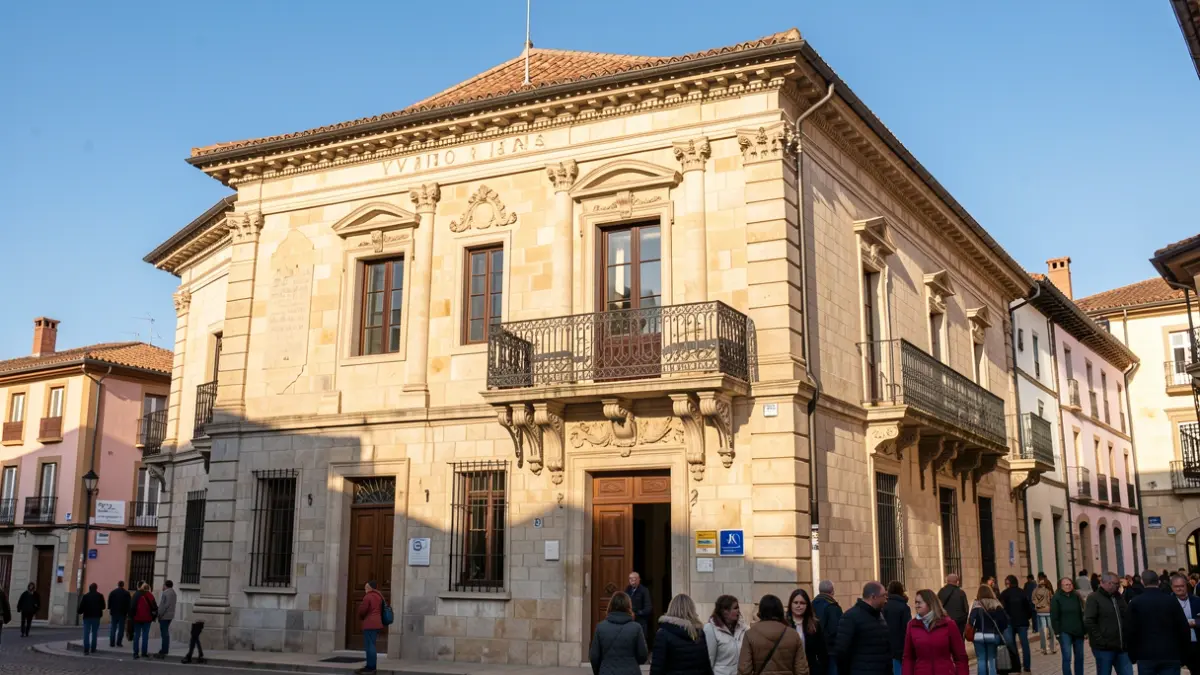 Facade of a traditional stone town hall in Vitoria-Gasteiz, with an ornate iron balcony and detailed stonework. Warm afternoon sunlight casts soft shadows.