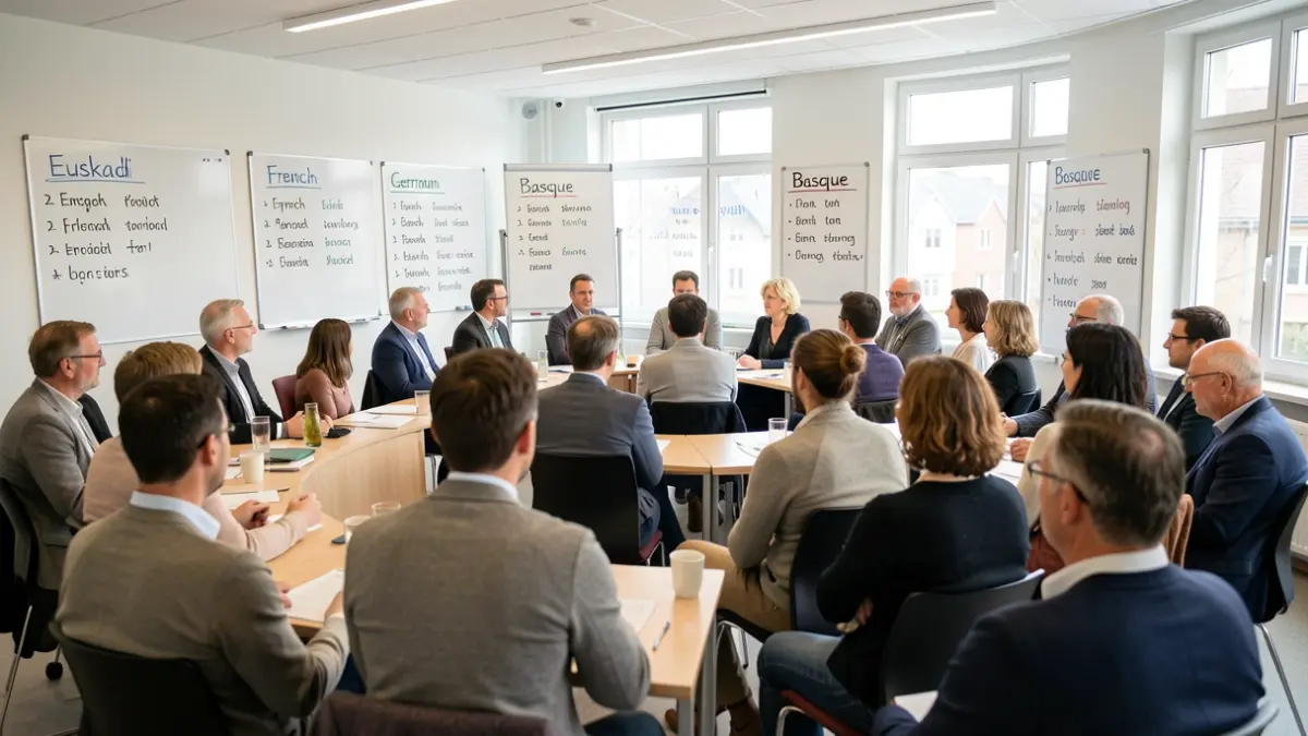 A diverse group of adults attending a language class in a modern classroom in Euskadi, with whiteboards showing English, French, German, and Basque words.