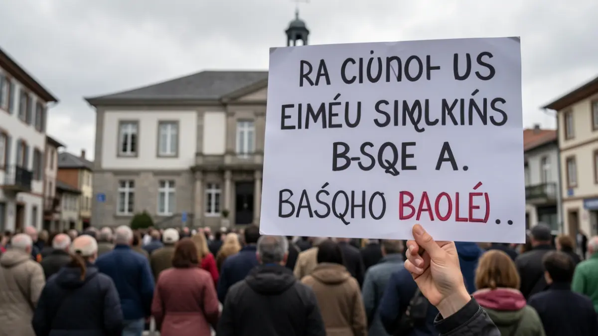 Protesta sinbolizatuko duen pankarta bat, Euskal Herriko herri bateko udaletxe baten aurrean.
