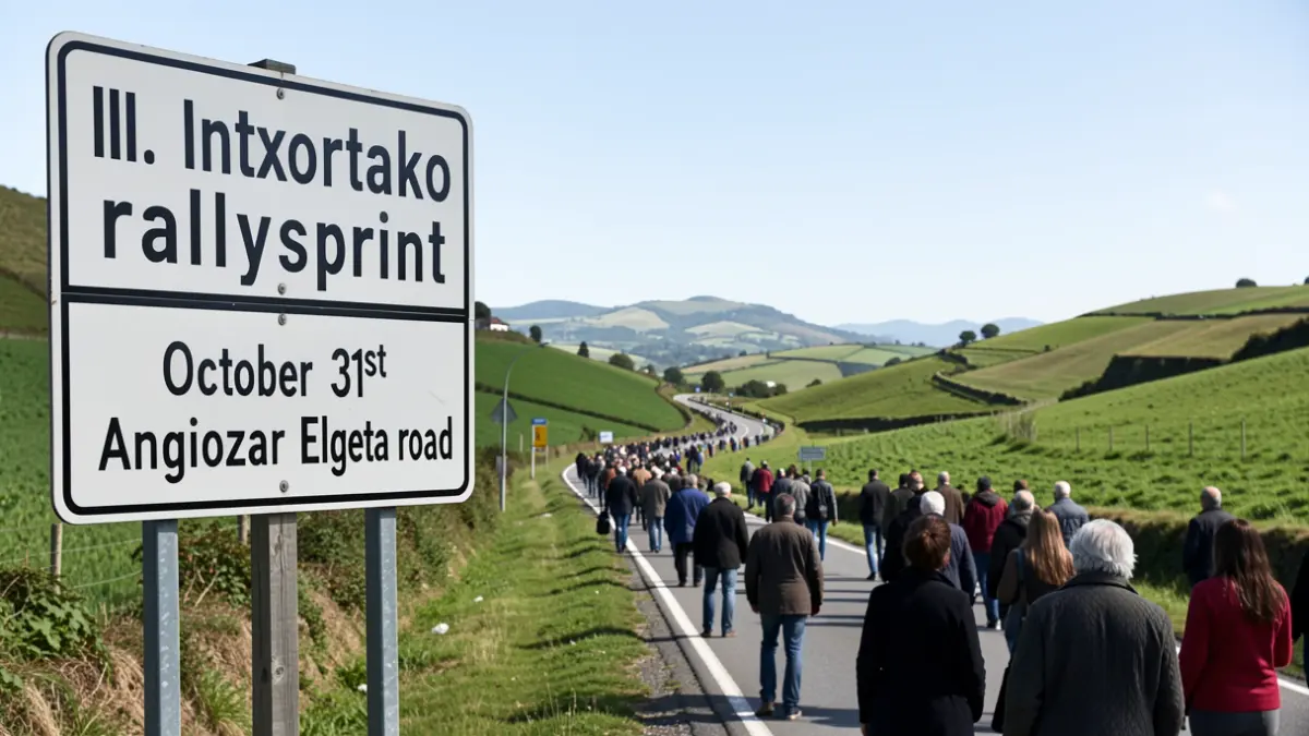 Generic image of a rally sprint event sign with Basque hills in the background.