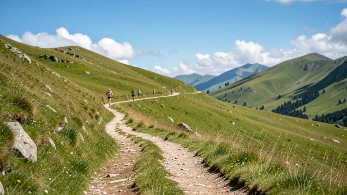 Un sendero de montaña escénico en el País Vasco, con colinas verdes y un camino sinuoso. Pocos corredores son visibles a lo lejos. El cielo es azul claro con algunas nubes blancas. La atmósfera general es de belleza natural y desafío atlético.