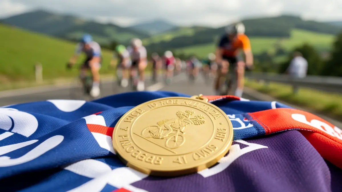 Primer plano de una medalla de oro sobre un maillot de ciclismo, con un fondo borroso de una carrera de carretera y colinas verdes del País Vasco.