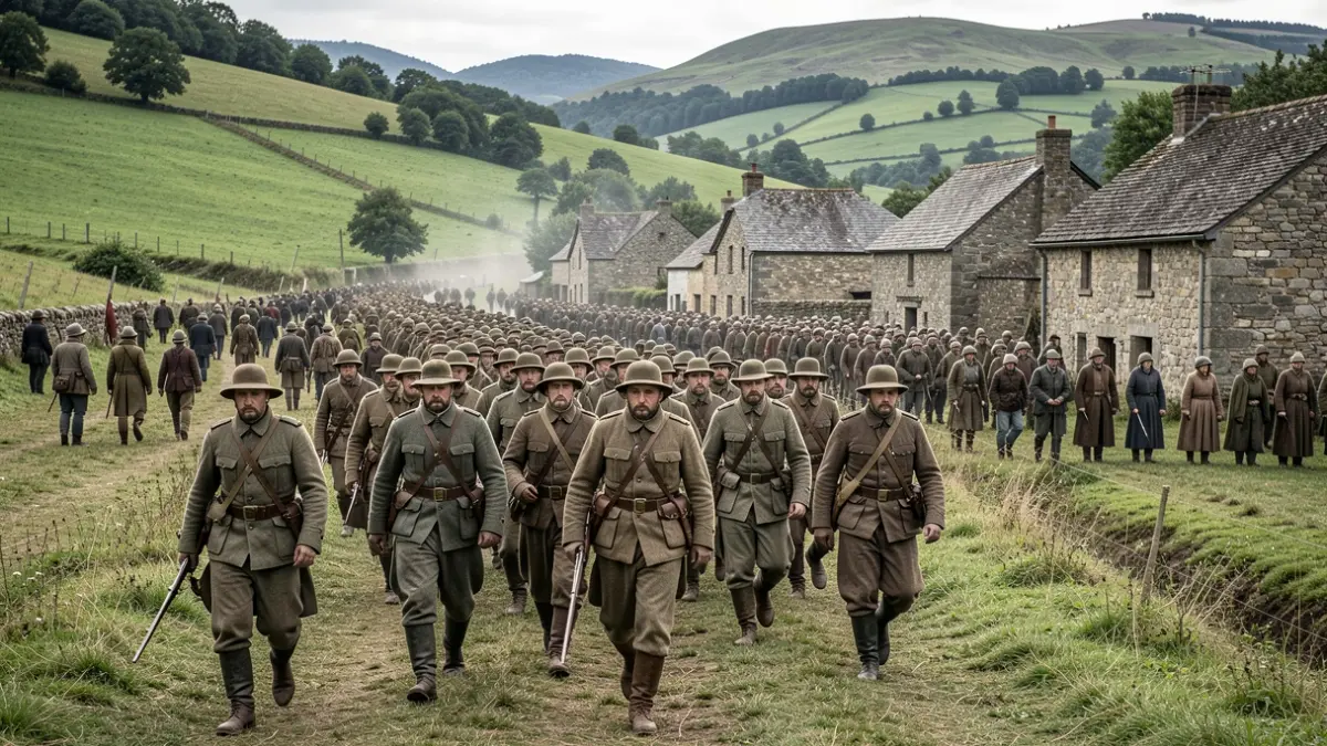 Irudi generikoa: Euskal haran batean 1930eko hamarkadako soldaduak erakusten dituen errepresentazio historiko bat.