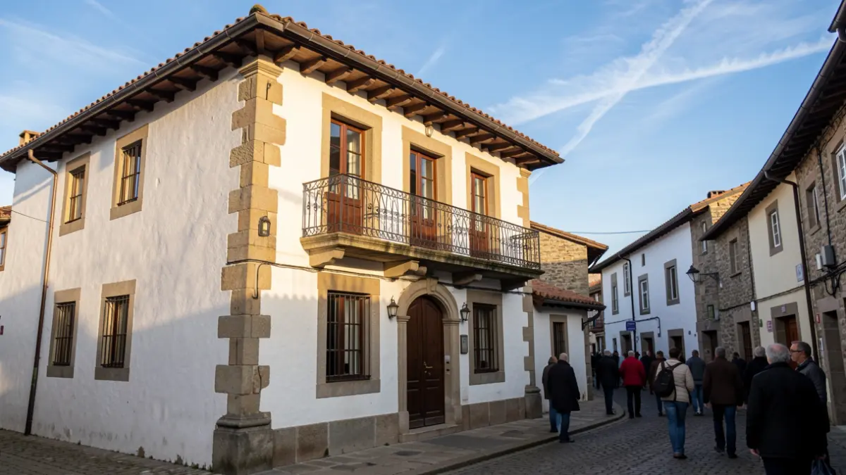 Imagen genérica: Fachada de ayuntamiento de pueblo vasco de piedra, balcón ornamentado y paredes encaladas. Luz cálida de tarde.