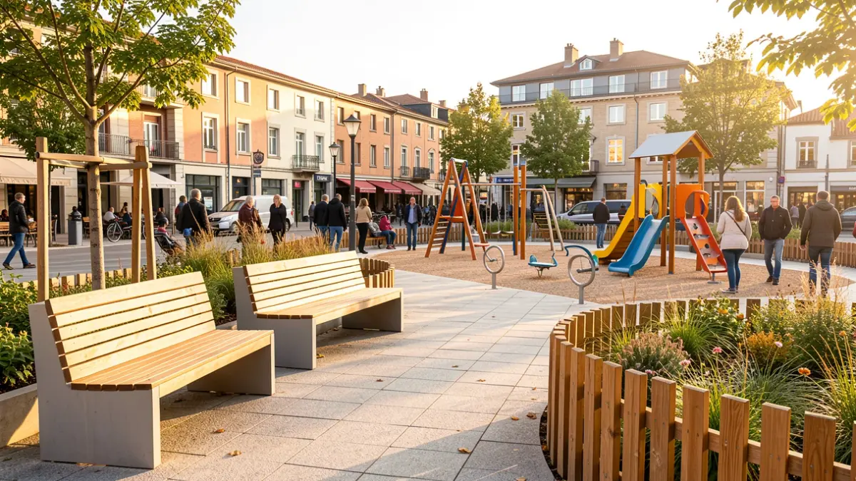 Imagen genérica de una plaza renovada en Irun, con modernos bancos de madera y un parque infantil inclusivo, bajo la luz del sol de la tarde.