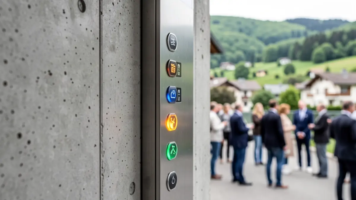 Generic image: a modern elevator door with illuminated buttons against a textured wall.