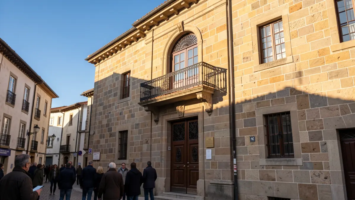 Fachada de piedra del Ayuntamiento de Irun con balcón y barandillas de hierro. Luz cálida de la tarde.