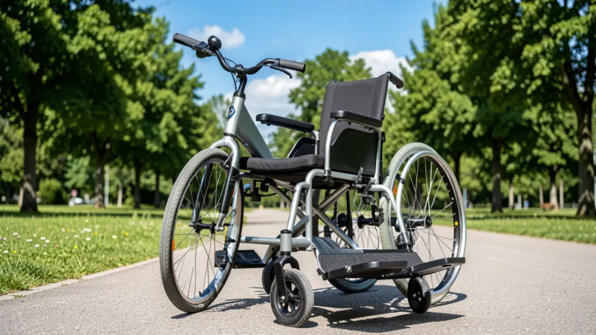 A special tricycle with a tilting platform for wheelchairs, parked on a park path.
