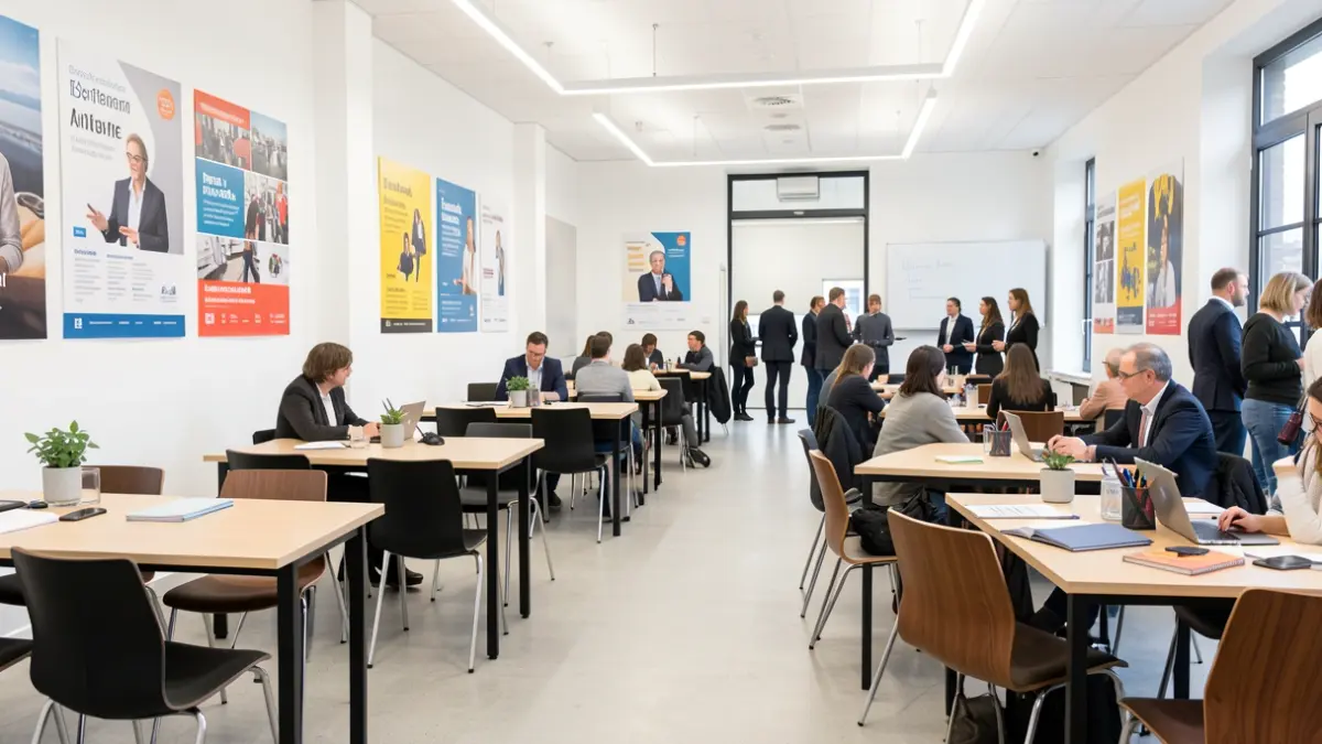 Interior de un espacio moderno y luminoso organizado con mesas y sillas para un taller, con carteles promocionales visibles en las paredes.