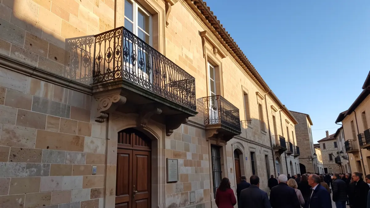 Stone facade of a Basque town hall with a balcony and iron railings, afternoon sunlight casting shadows, blue sky.
