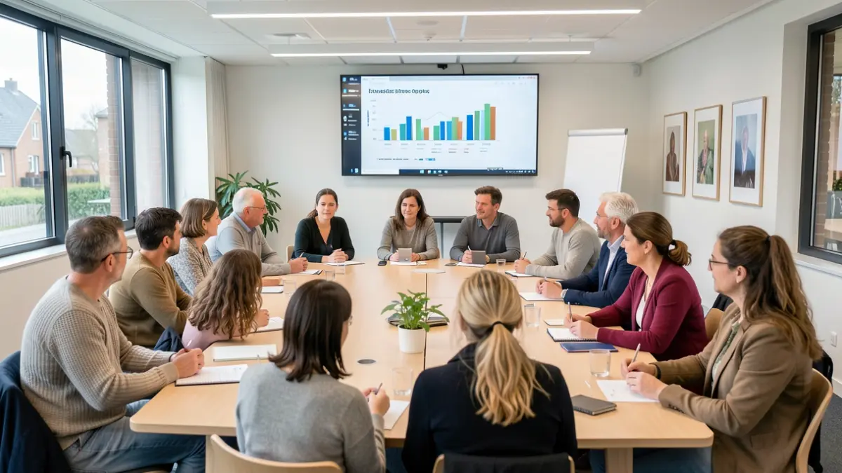 Generic image: citizens participating in a meeting, budget graphics on screen.
