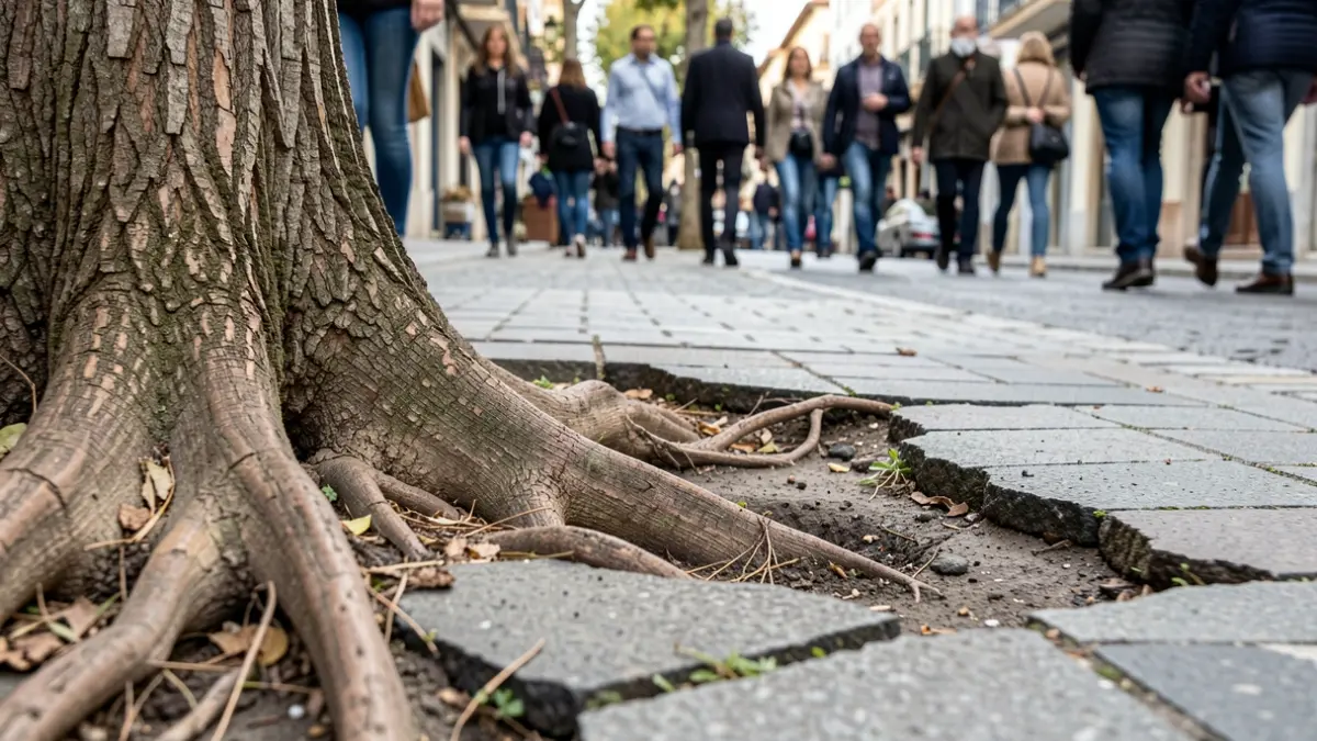 Iruneko kale bateko zoladura eta zuhaitz-sustraien arteko kalteak erakusten dituen argazkia.