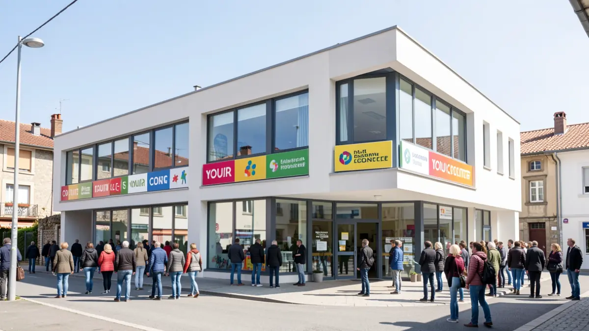 Exterior view of a modern youth center building in a Basque town, with large windows and colorful signage, bright daylight, clean architectural lines, documentary style.