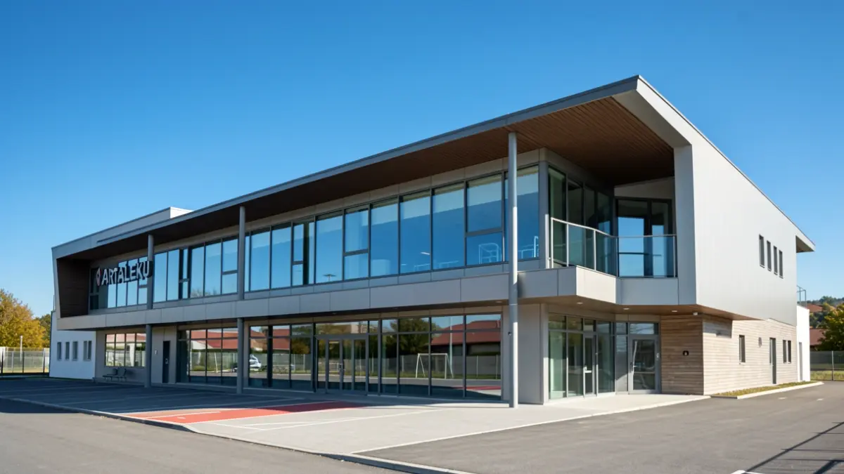 Imagen genérica: Exterior del polideportivo Artaleku en Irun, con arquitectura moderna y grandes ventanales, bajo un cielo azul despejado. Iluminación de día soleado.