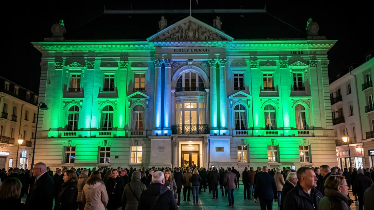 Imagen genérica de la fachada del Ayuntamiento de Irun iluminada de noche.