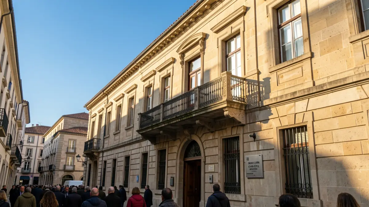 Fachada de piedra del Ayuntamiento de Irun con balcón y barandilla de hierro, bajo la luz cálida de la tarde.