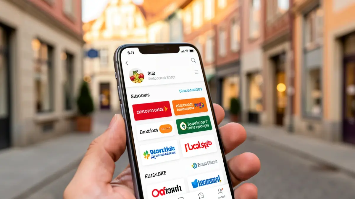 Imagen genérica: Pantalla de smartphone con una plataforma de compras digital mostrando códigos de descuento y logos de tiendas locales, sobre un fondo difuminado de una calle moderna de Euskadi.