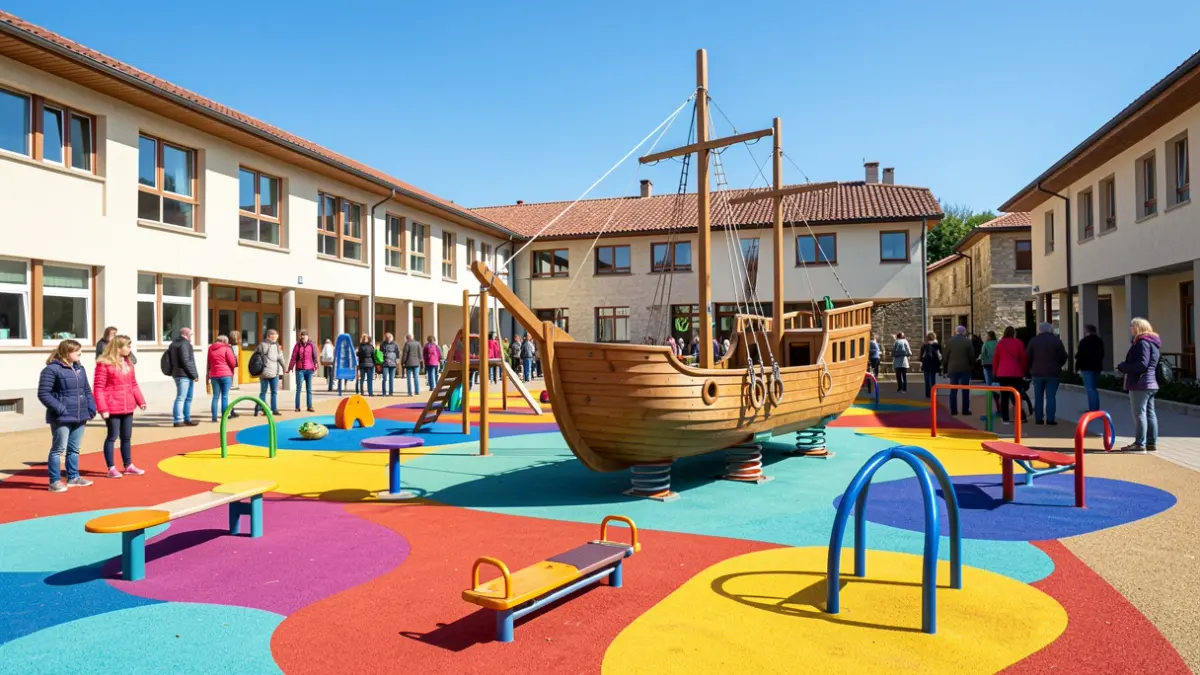 An early childhood education playground featuring a ship and balance games.