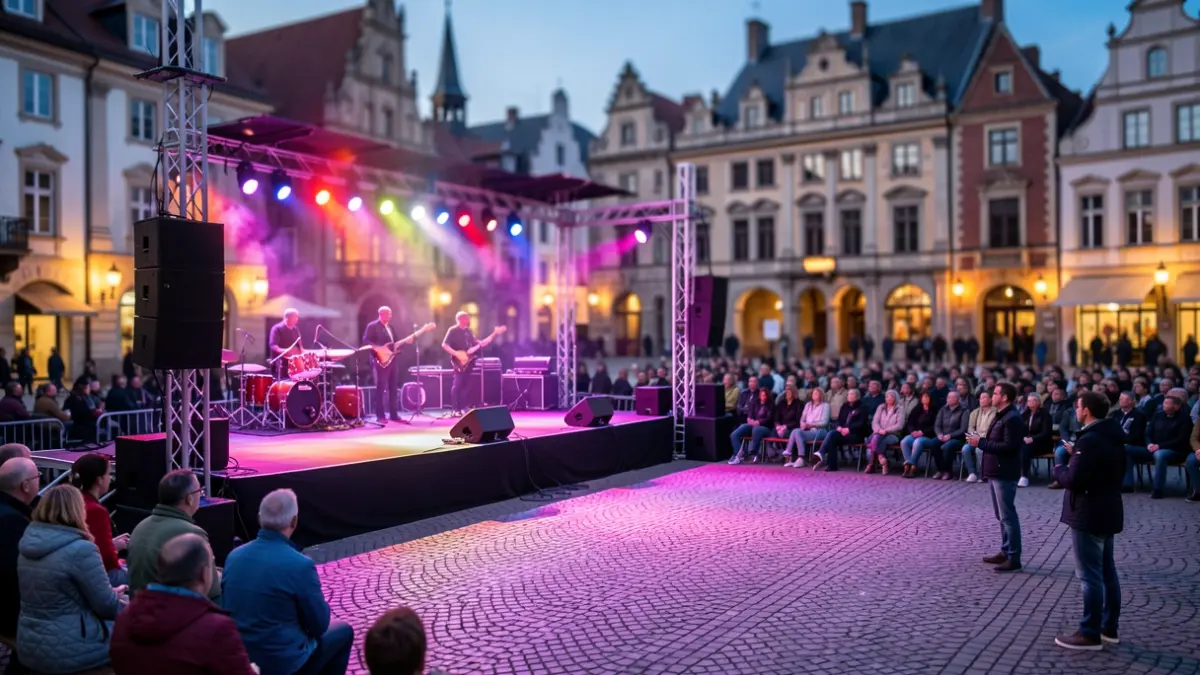 Image of a music stage full of anticipation at dusk, with colorful lights.