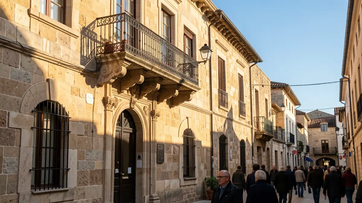 Generic image of a stone Basque town hall facade with an ornate balcony, warm midday light casting shadows.