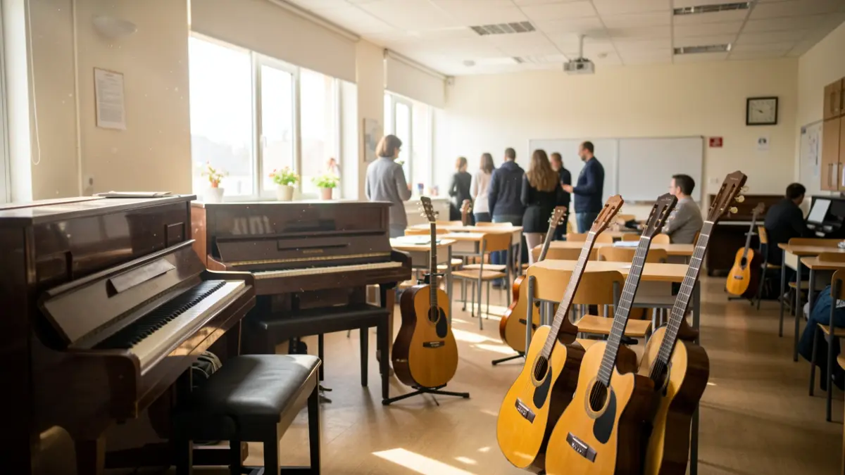 Interior de un aula de escuela de música con varios instrumentos musicales visibles.