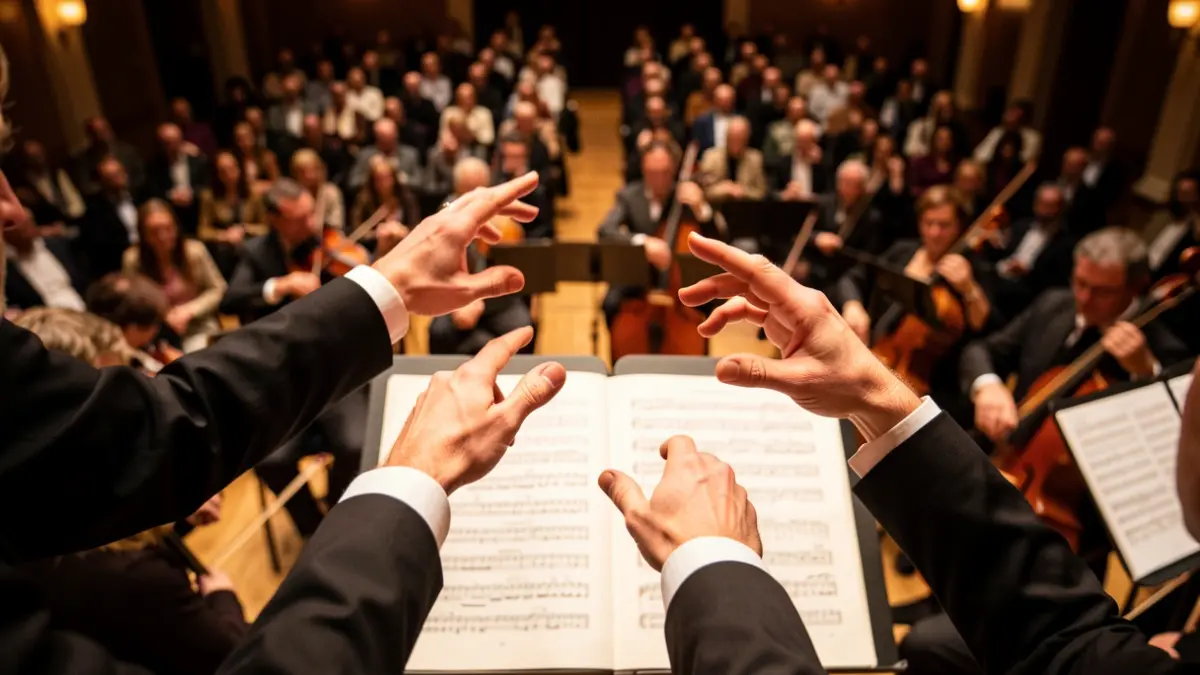 Manos de un director de orquesta guiando a una formación, vistas desde arriba, con instrumentos musicales y partituras desenfocadas al fondo. Iluminación escénica cálida y dramática.