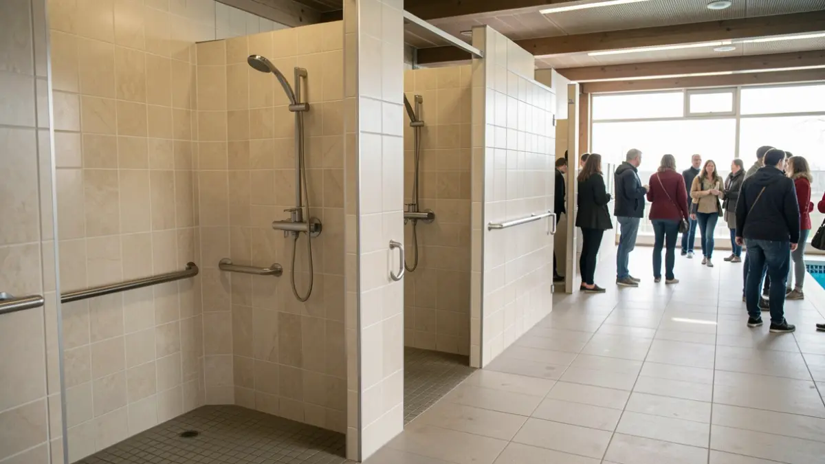 Interior de un vestuario de piscina en Vitoria-Gasteiz, mostrando duchas parcialmente renovadas con azulejos nuevos y sanitarios modernos, con énfasis en las características de accesibilidad mejoradas.