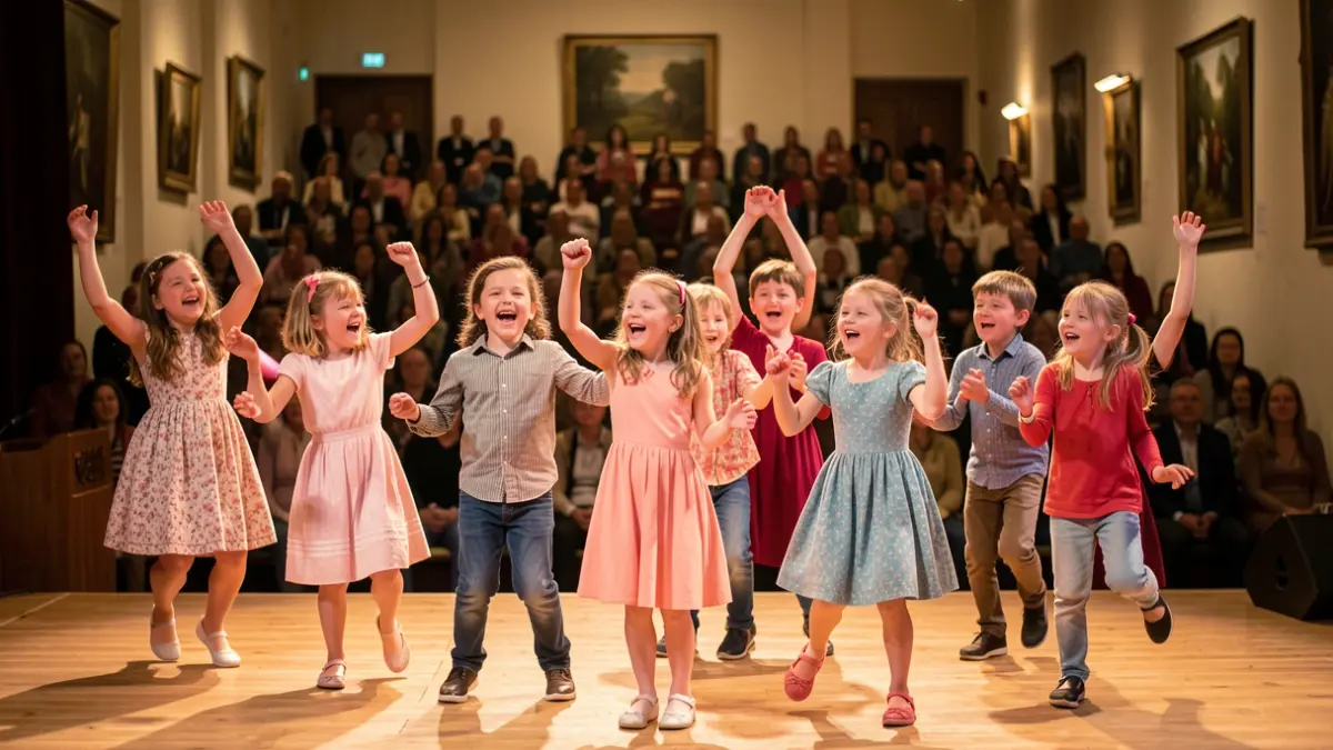 A group of children singing and dancing on a stage, with the audience blurred in the background.