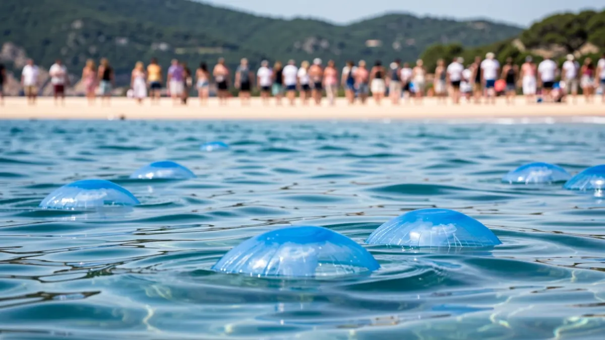 Superficie de mar azul claro con unas pocas carabelas portuguesas (Physalia physalis) translúcidas y de tinte azul flotando cerca de la orilla, con una playa arenosa borrosa y colinas costeras verdes al fondo.
