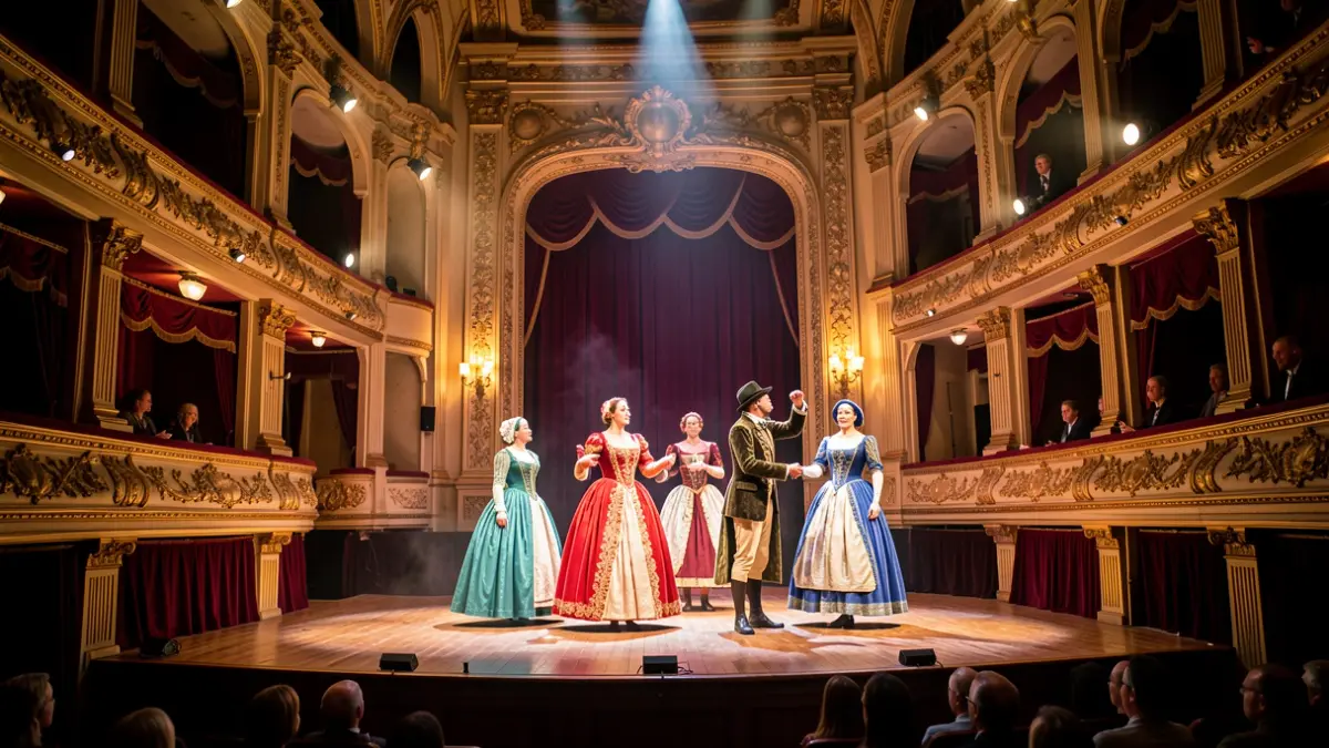 Generic image: Renewed theater stage, preparing a zarzuela performance.