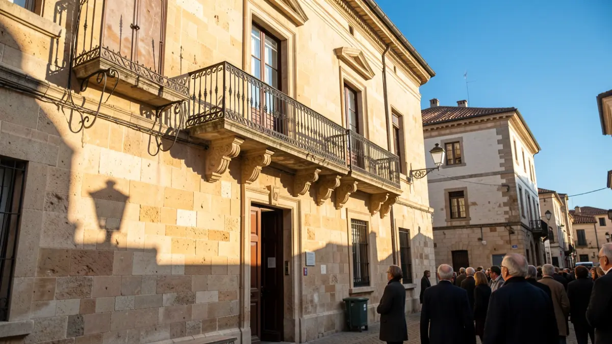 Generic image: Stone facade of the Errenteria town hall with ornate balcony and iron railings, afternoon sunlight casting shadows on the sandstone walls, blue sky.