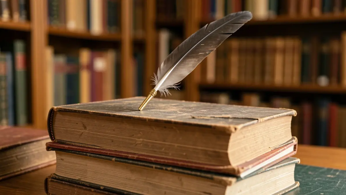 Imagen de primer plano de una pila de libros antiguos con una pluma apoyada encima, sobre un fondo borroso de una estantería de biblioteca.