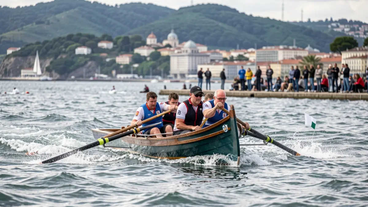 Generic image: A rowing boat in a race, with La Concha bay and the hills of San Sebastián in the background.