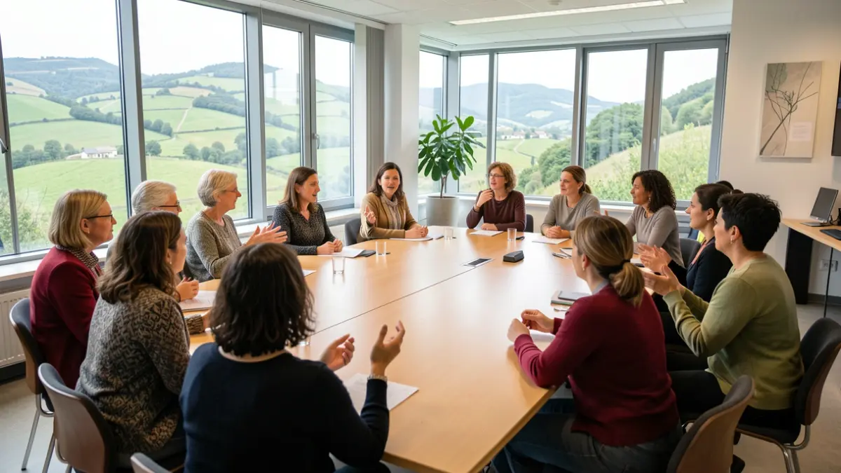 Generic image: several women gather in a town hall, discussing and presenting an activity.