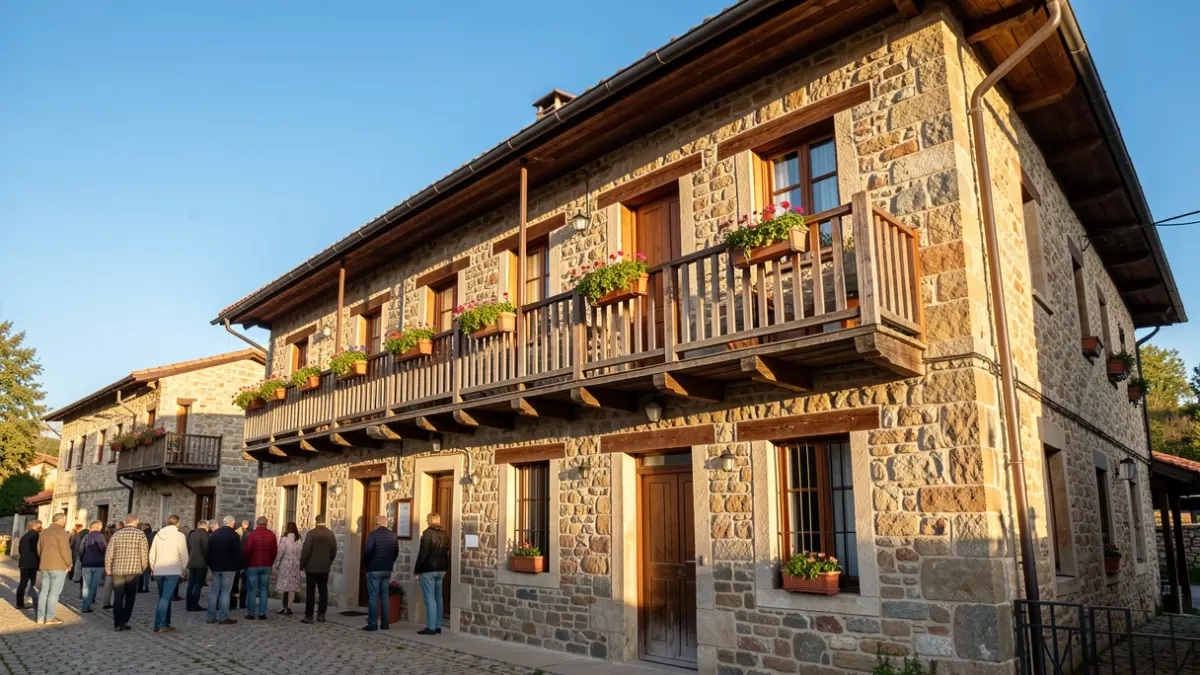 Fachada de un edificio tradicional en Larrauri con balcones de madera.